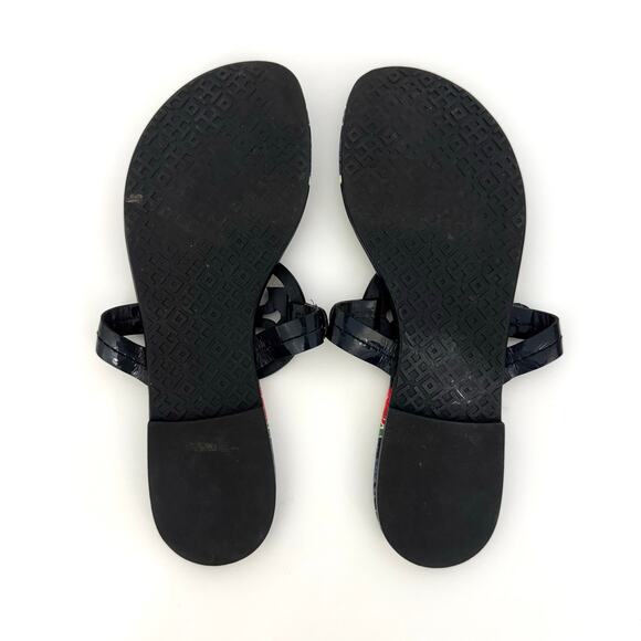 Tory Burch Miller Sandal Slippers Navy Tea Rose Patent Leather Logo 7.5M - Picture 10 of 12